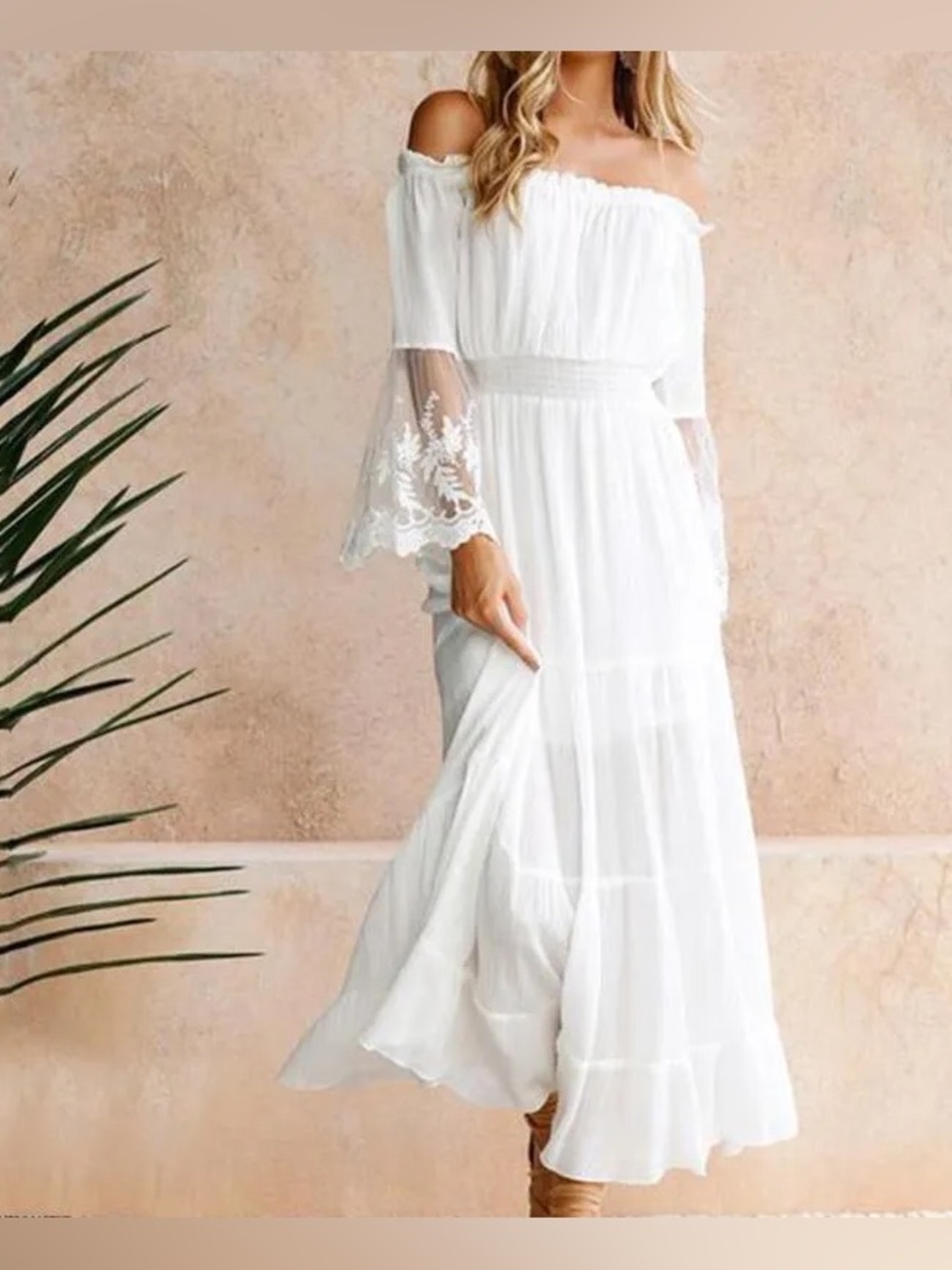 Boho White Off-Shoulder Maxi Dress Sheer Lace Bell Sleeve Tiered Size XL NWOT - Picture 2 of 16